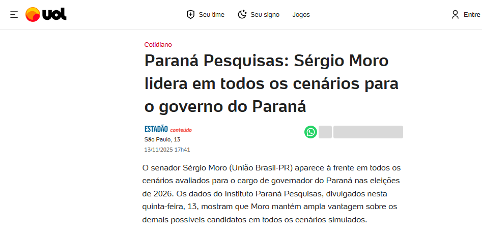 UOL Notícias cita pesquisa realizada pela Paraná Pesquisas no Estado do Paraná.