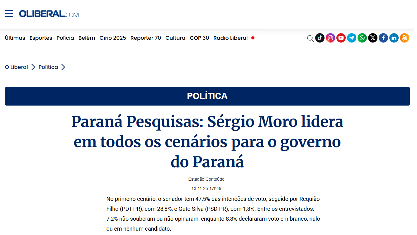 O Liberal cita pesquisa realizada pela Paraná Pesquisas no Estado do Paraná.