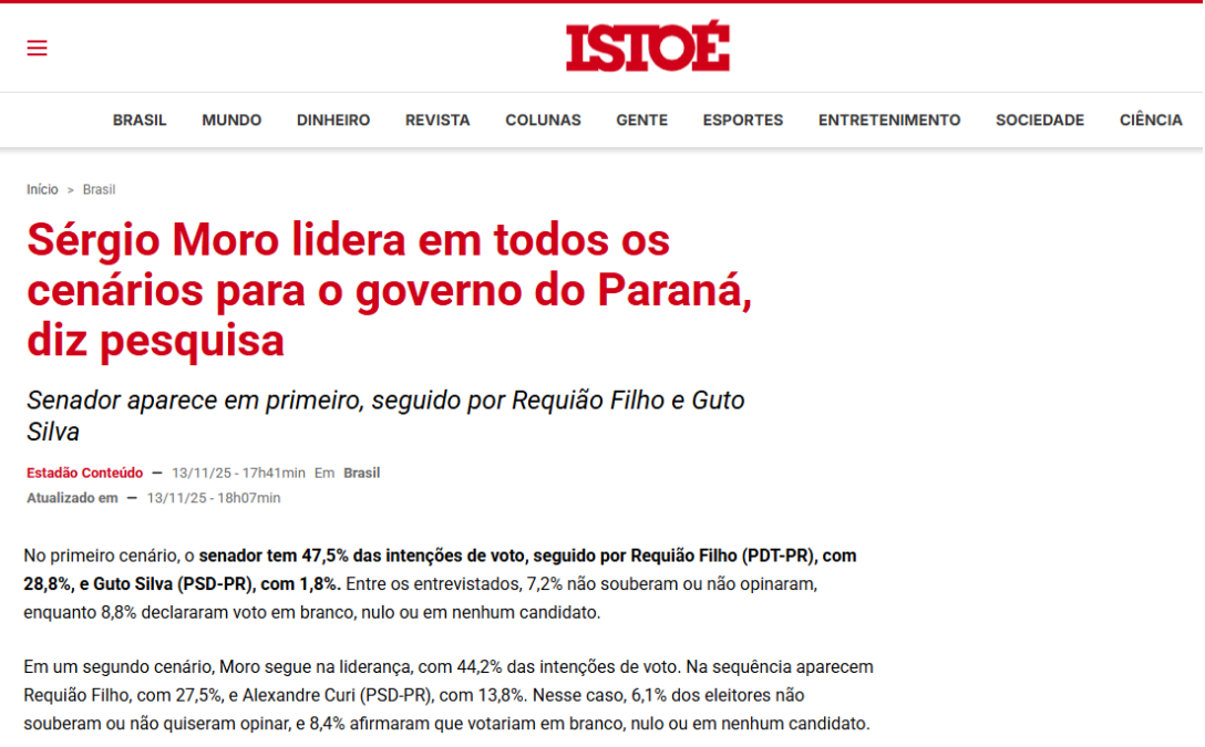 Isto É cita pesquisa realizada pela Paraná Pesquisas no Estado do Paraná.