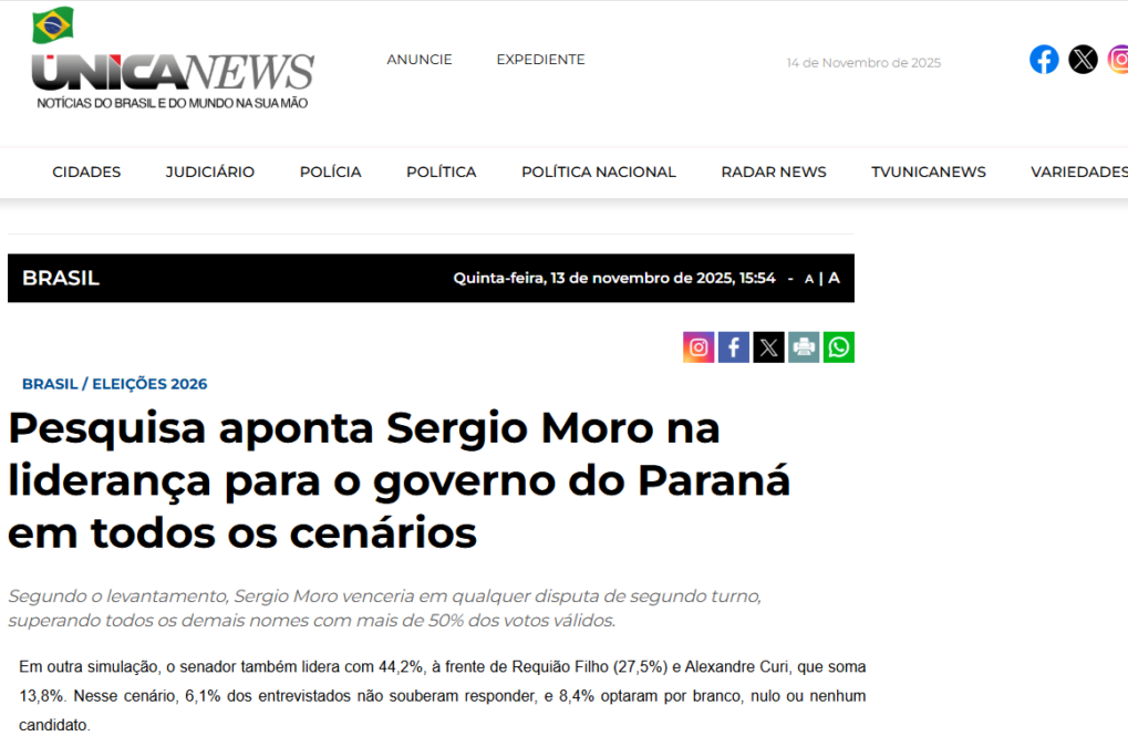 Única News cita pesquisa realizada pela Paraná Pesquisas no Estado do Paraná. 2 Única News cita pesquisa realizada pela Paraná Pesquisas no Estado do Paraná.