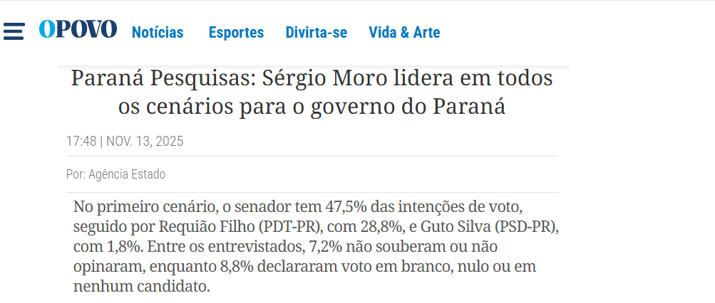 O Povo cita pesquisa realizada pela Paraná Pesquisas no Estado do Paraná. 2 O Povo cita pesquisa realizada pela Paraná Pesquisas no Estado do Paraná.