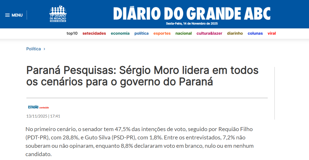 Diário do Grande ABC cita pesquisa realizada pela Paraná Pesquisas no Estado do Paraná.