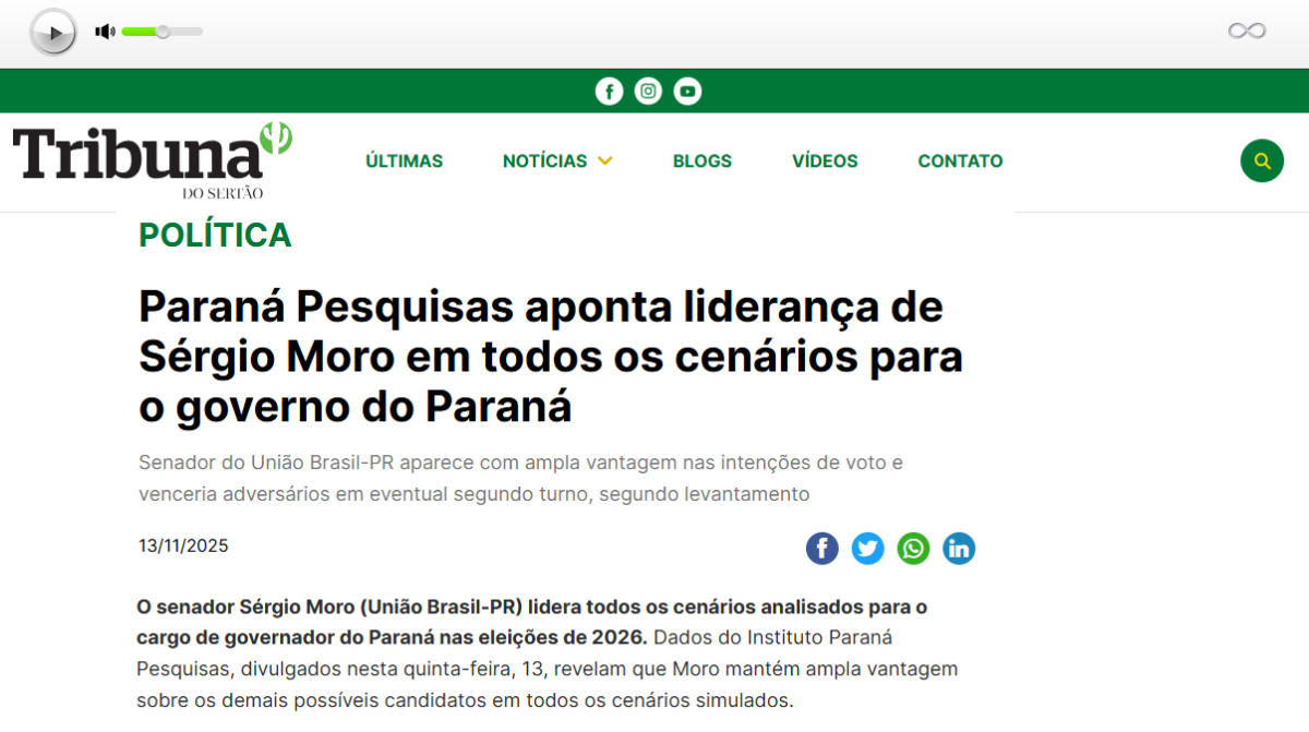 Tribuna do Sertão cita pesquisa realizada pela Paraná Pesquisas no Estado do Paraná.