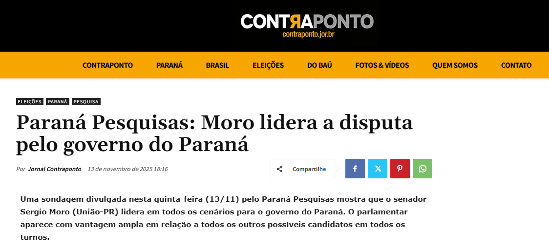 Contra Ponto cita pesquisa realizada pela Paraná Pesquisas no Estado do Paraná. 2 Contra Ponto cita pesquisa realizada pela Paraná Pesquisas no Estado do Paraná.