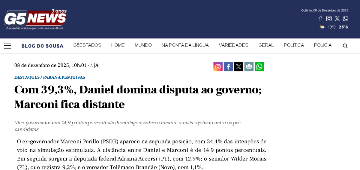 G5 News cita pesquisa realizada pela Paraná Pesquisas no Estado de Goiás. 2 G5 News cita pesquisa realizada pela Paraná Pesquisas no Estado de Goiás.