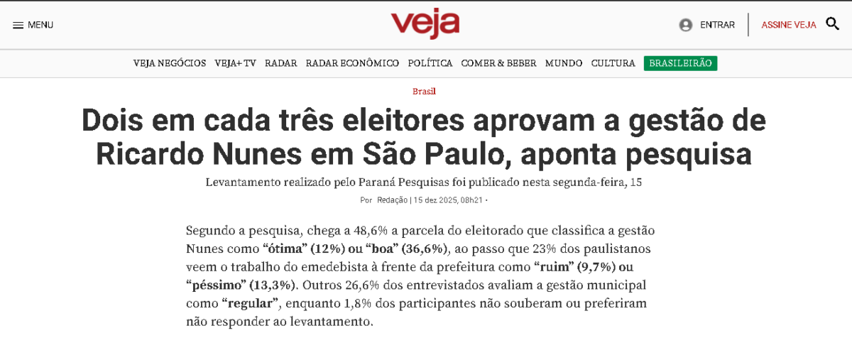 Veja cita pesquisa realizada pela Paraná Pesquisas no Município de São Paulo.