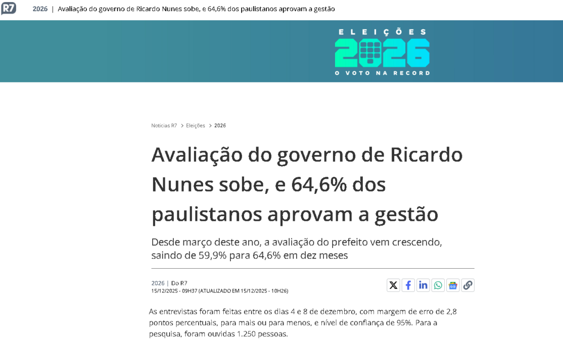 R7 Notícias cita pesquisa realizada pela Paraná Pesquisas no Município de São Paulo. 2 R7 Notícias cita pesquisa realizada pela Paraná Pesquisas no Município de São Paulo.