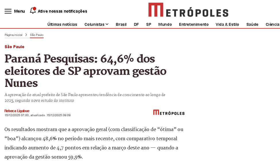 Metrópoles cita pesquisa realizada pela Paraná Pesquisas no Município de São Paulo. 2 Metrópoles cita pesquisa realizada pela Paraná Pesquisas no Município de São Paulo.