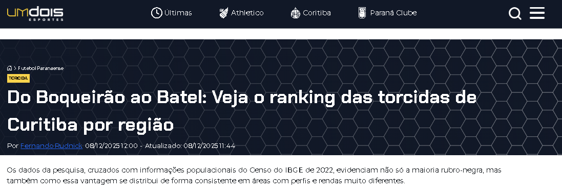 Um Dois Esportes cita pesquisa realizada pela Paraná Pesquisas. 2 Um Dois Esportes cita pesquisa realizada pela Paraná Pesquisas.