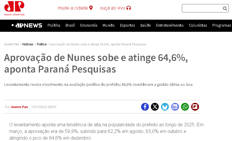 Jovem Pan cita pesquisa realizada pela Paraná Pesquisas no Município de São Paulo. 2 Jovem Pan cita pesquisa realizada pela Paraná Pesquisas no Município de São Paulo.