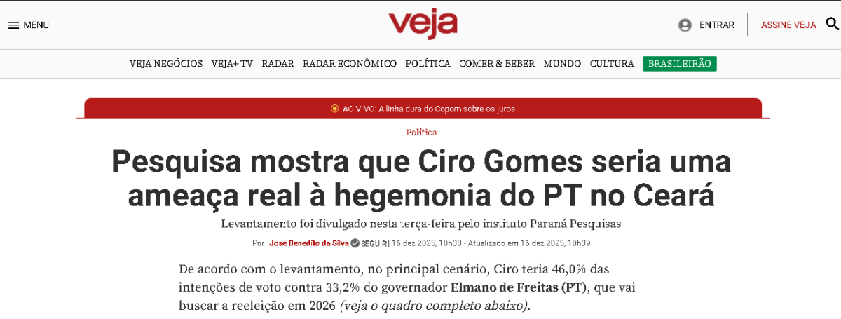 Veja cita pesquisa realizada pela Paraná Pesquisas no Estado do Ceará.