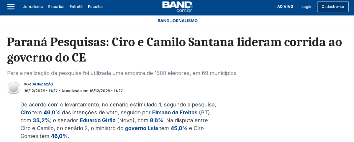 Band cita pesquisa realizada pela Paraná Pesquisas no Estado do Ceará.