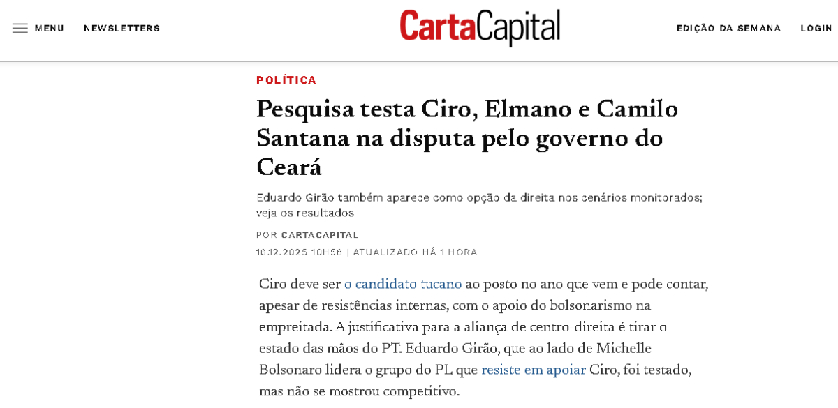 Carta Capital cita pesquisa realizada pela Paraná Pesquisas no Estado do Ceará. 2 Carta Capital cita pesquisa realizada pela Paraná Pesquisas no Estado do Ceará.