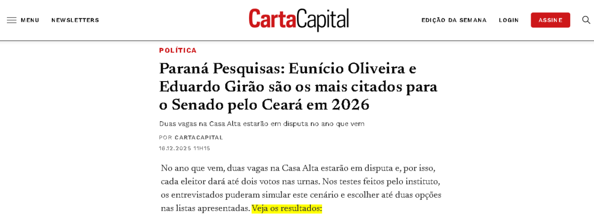 Carta Capital cita pesquisa realizada pela Paraná Pesquisas no Estado do Ceará.