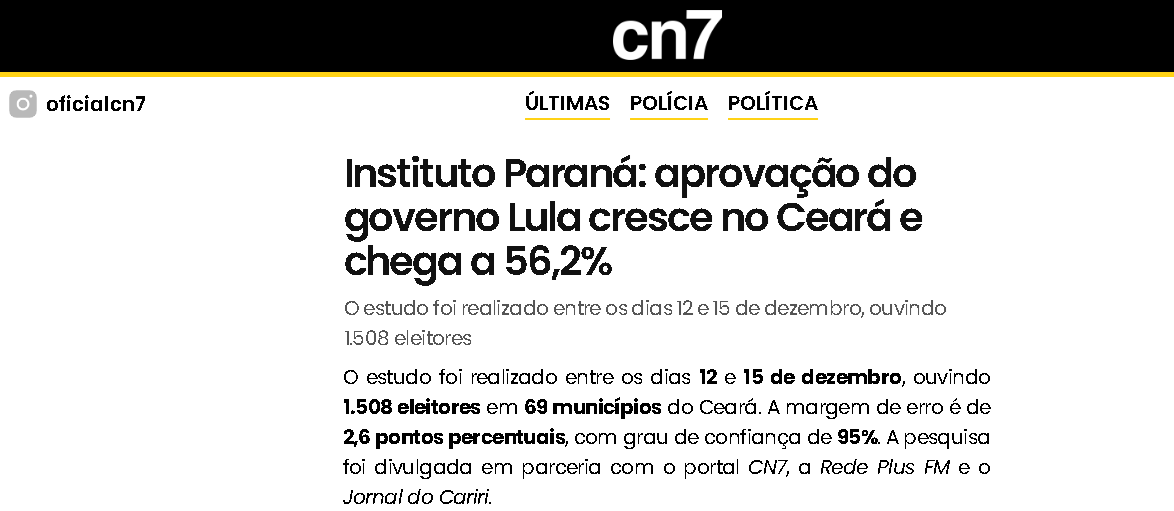 CN7 cita pesquisa realizada pela Paraná Pesquisas no Estado do Ceará.