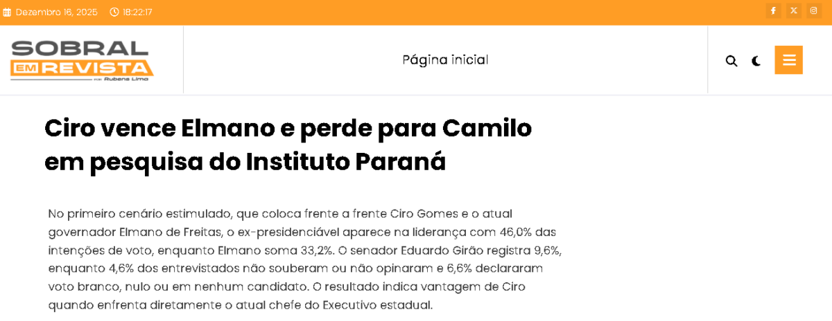 Sobral em Revista cita pesquisa realizada pela Paraná Pesquisas no Estado do Ceará. 2 Sobral em Revista cita pesquisa realizada pela Paraná Pesquisas no Estado do Ceará.