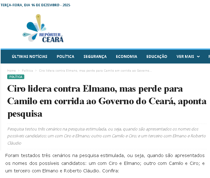 Repórter Ceará cita pesquisa realizada pela Paraná Pesquisas no Estado do Ceará.