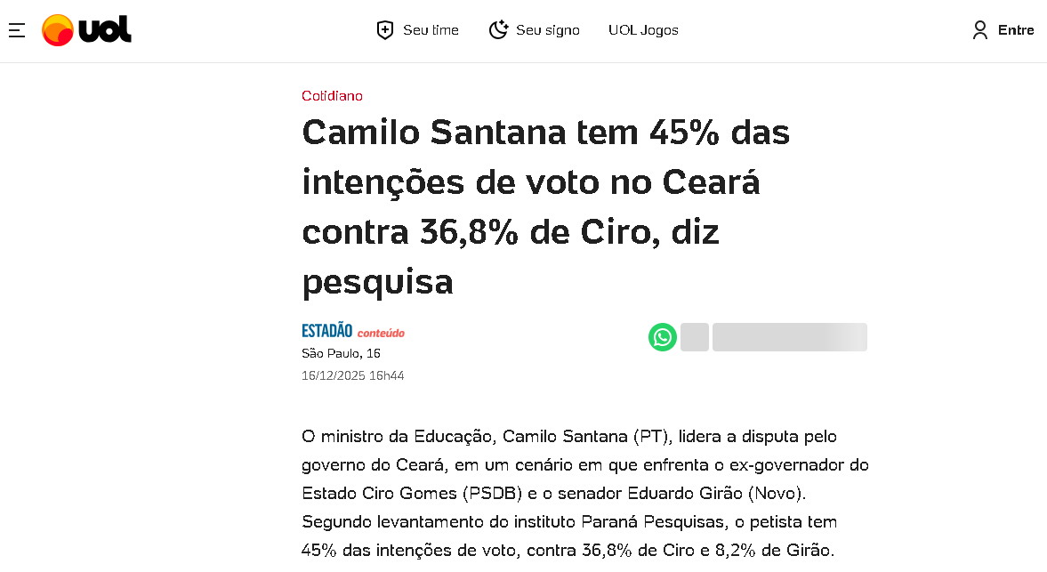UOL Notícias cita pesquisa realizada pela Paraná Pesquisas no Estado do Ceará. 2 UOL Notícias cita pesquisa realizada pela Paraná Pesquisas no Estado do Ceará.