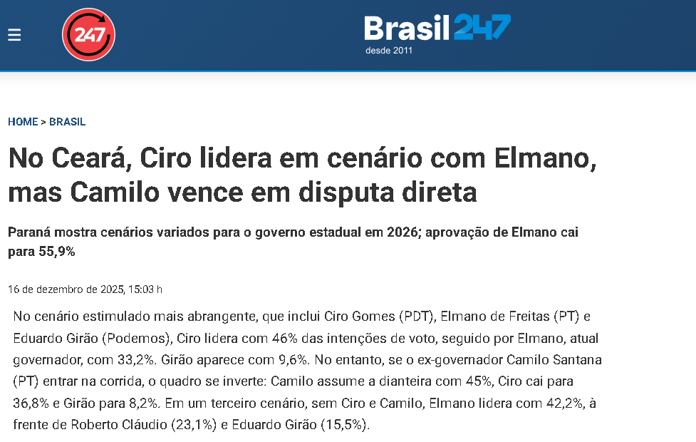Brasil 247 cita pesquisa realizada pela Paraná Pesquisas no Estado do Ceará.