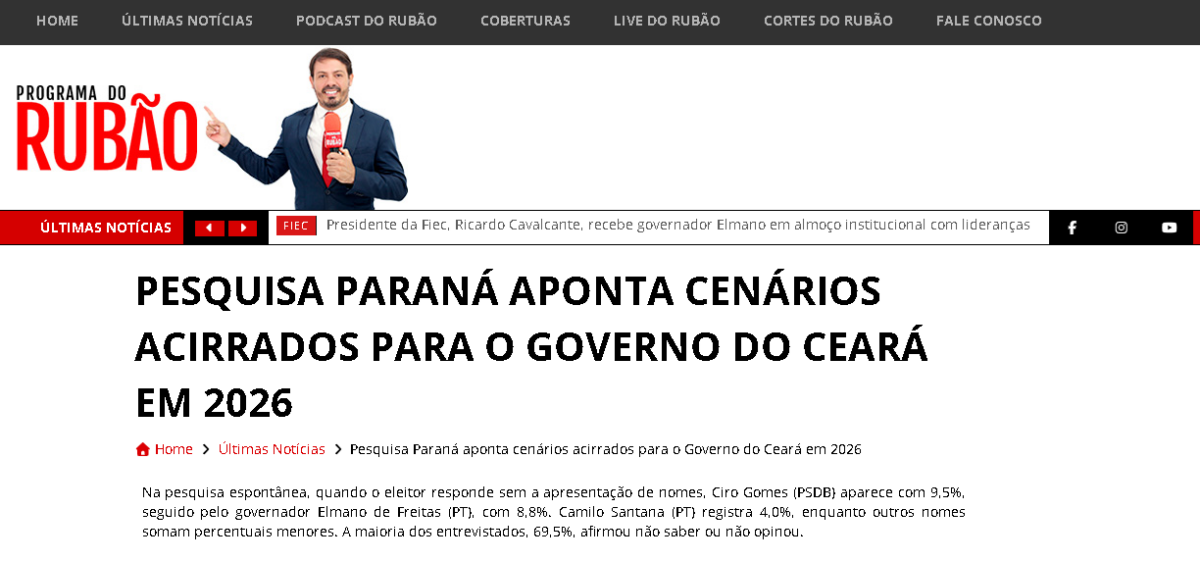 Programa do Rubão cita pesquisa realizada pela Paraná Pesquisas no Estado do Ceará.