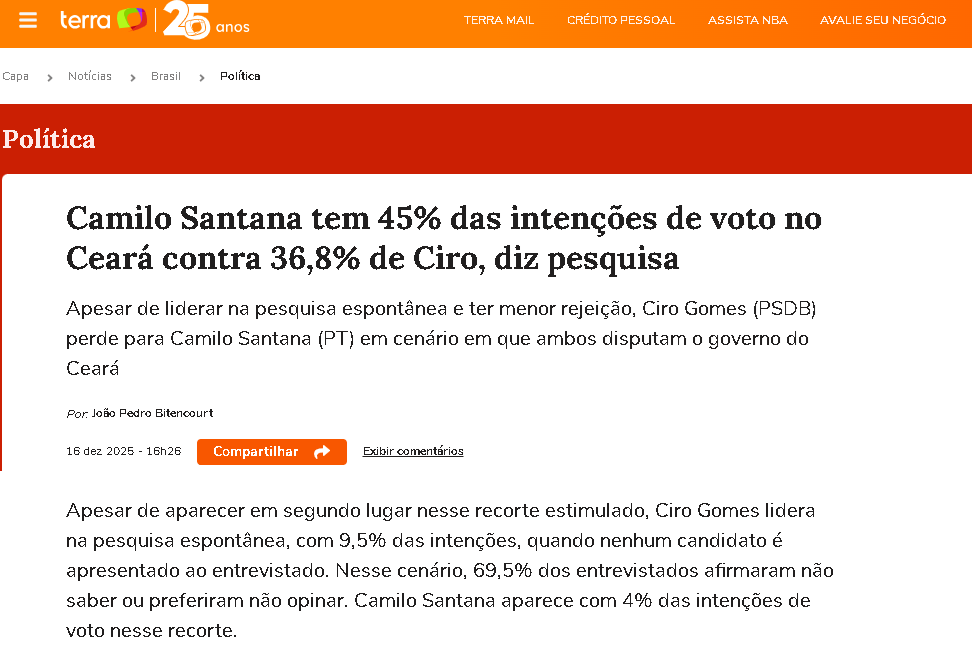 Portal Terra cita pesquisa realizada pela Paraná Pesquisas no Estado do Ceará.