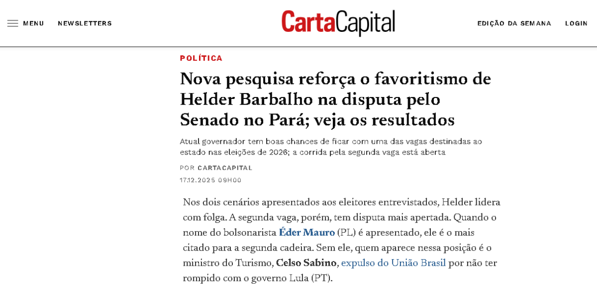 Carta Capital cita pesquisa realizada pela Paraná Pesquisas no Estado do Pará. 2 Carta Capital cita pesquisa realizada pela Paraná Pesquisas no Estado do Pará.