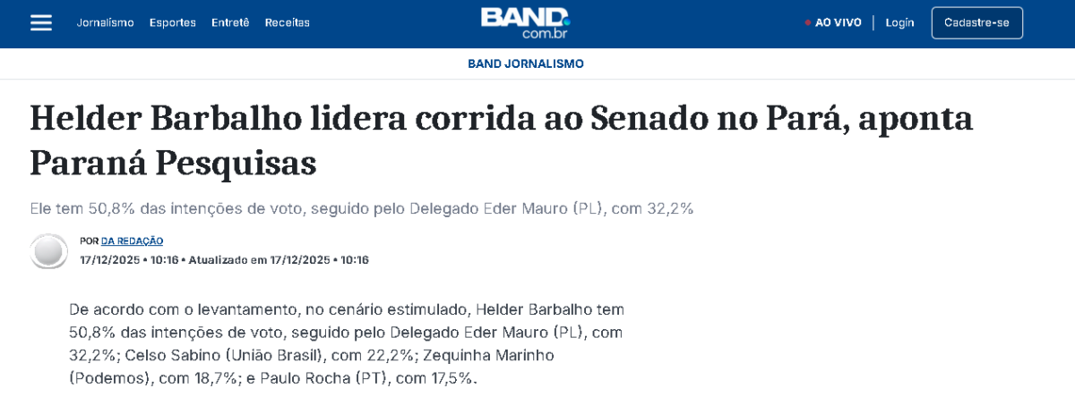 Band cita pesquisa realizada pela Paraná Pesquisas no Estado do Pará.