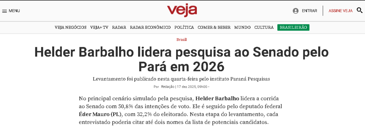 Veja cita pesquisa realizada pela Paraná Pesquisas no Estado do Pará.