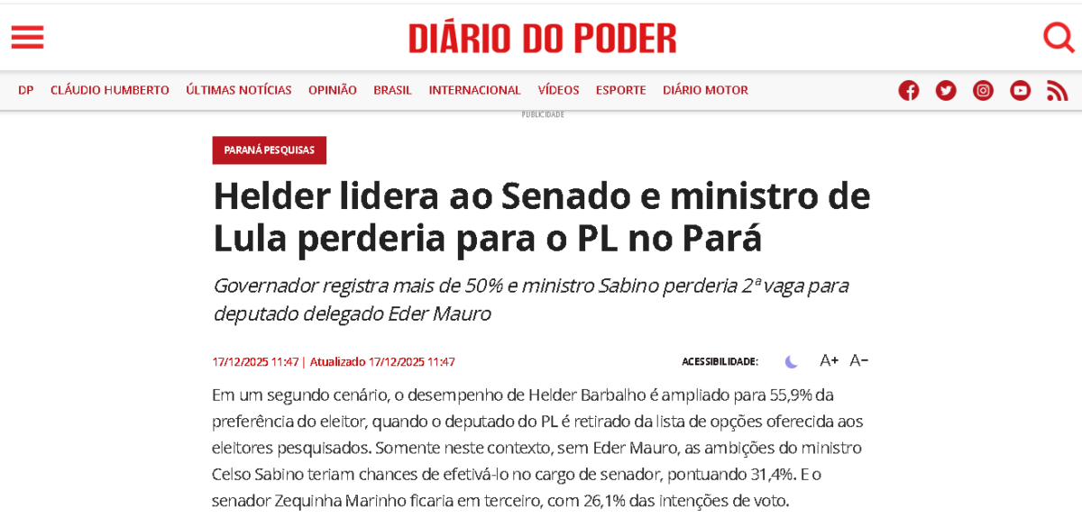 Diário do Poder cita pesquisa realizada pela Paraná Pesquisas no Estado do Pará. 2 Diário do Poder cita pesquisa realizada pela Paraná Pesquisas no Estado do Pará.