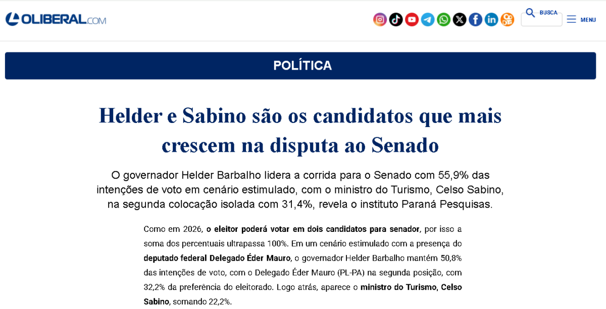 O Liberal cita pesquisa realizada pela Paraná Pesquisas no Estado do Pará.