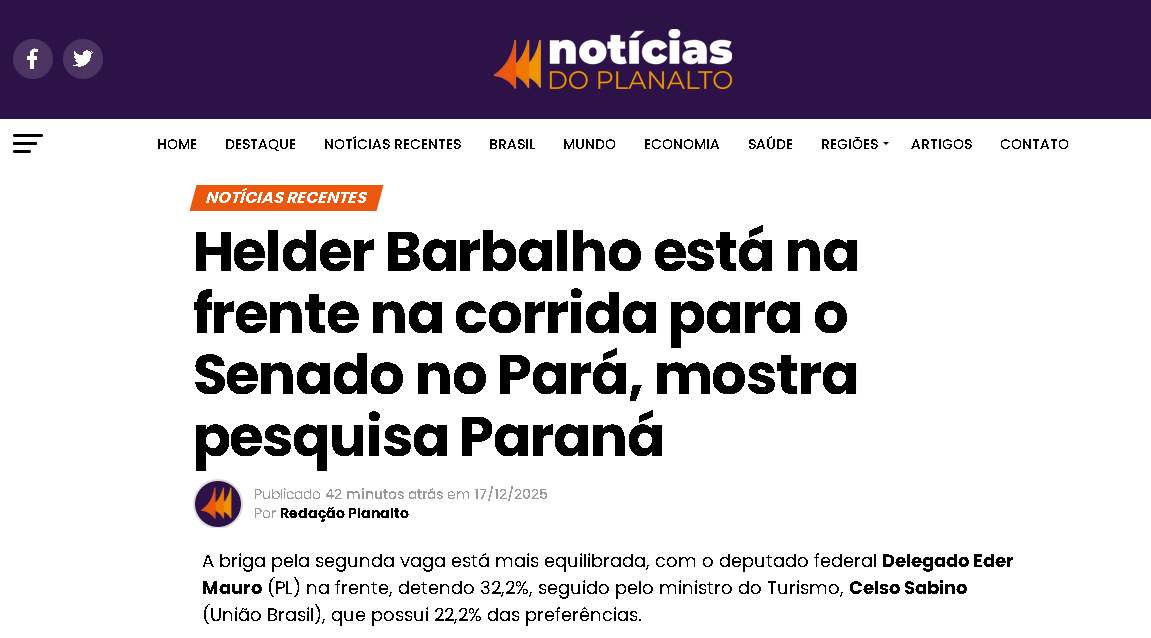 Notícias do Planalto cita pesquisa realizada pela Paraná Pesquisas no Estado do Pará. 2 Notícias do Planalto cita pesquisa realizada pela Paraná Pesquisas no Estado do Pará.