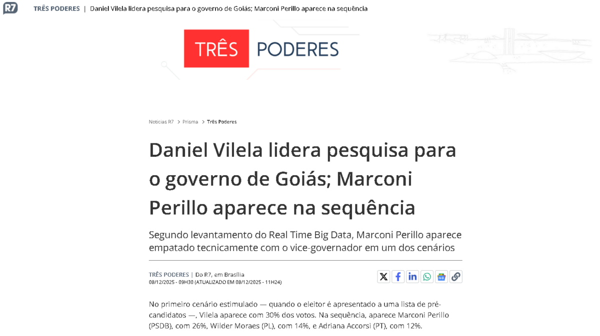 R7 Notícias cita pesquisa realizada pela Paraná Pesquisas no Estado de Goiás. 2 R7 Notícias cita pesquisa realizada pela Paraná Pesquisas no Estado de Goiás.