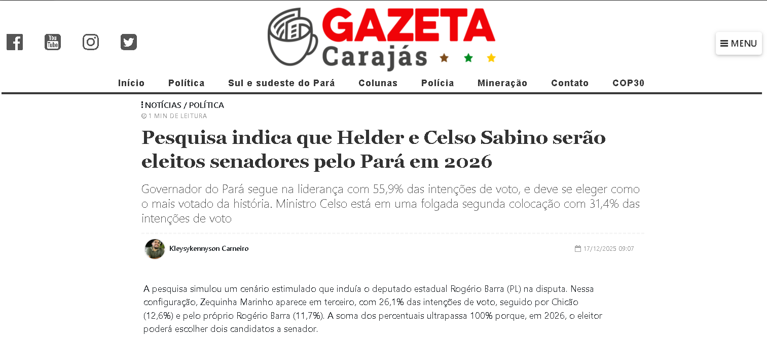 Gazeta Carajás cita pesquisa realizada pela Paraná Pesquisas no Estado do Pará.