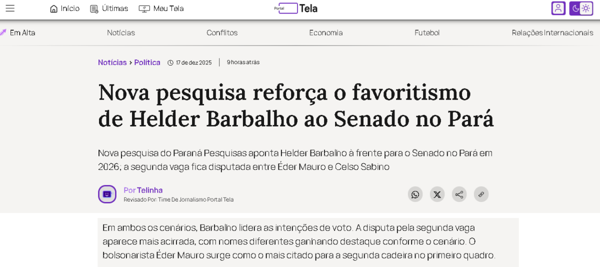 Portal Tela cita pesquisa realizada pela Paraná Pesquisas no Estado do Pará.
