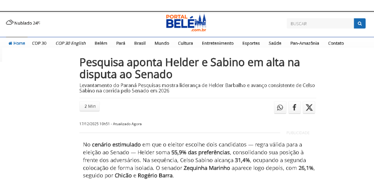 Portal Belém cita pesquisa realizada pela Paraná Pesquisas no Estado do Pará. 2 Portal Belém cita pesquisa realizada pela Paraná Pesquisas no Estado do Pará.