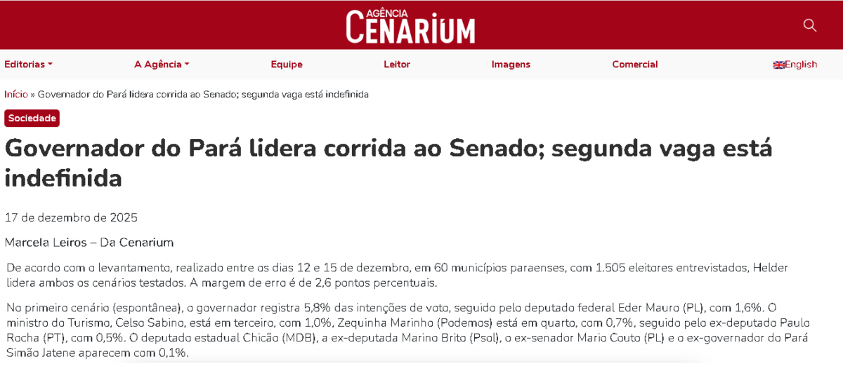 Agência Cenarium cita pesquisa realizada pela Paraná Pesquisas no Estado do Pará.