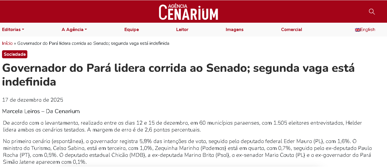 Agência Cenarium cita pesquisa realizada pela Paraná Pesquisas no Estado do Pará.