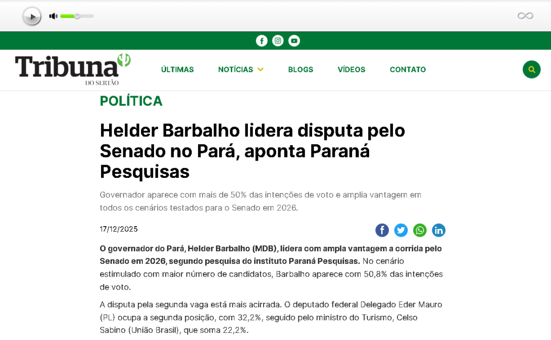 Tribuna do Sertão cita pesquisa realizada pela Paraná Pesquisas no Estado do Pará.