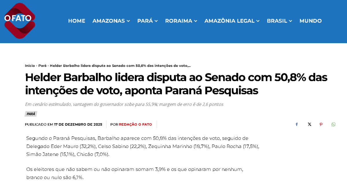 Portal O Fato cita pesquisa realizada pela Paraná Pesquisas no Estado do Pará. 2 Portal O Fato cita pesquisa realizada pela Paraná Pesquisas no Estado do Pará.