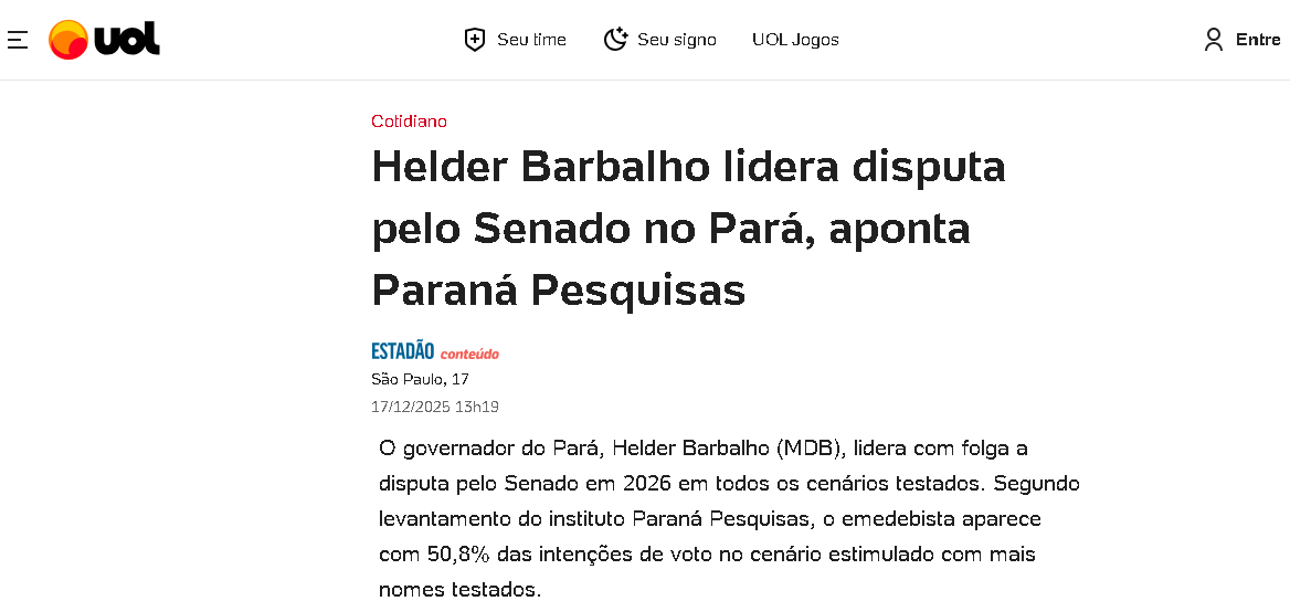 UOL Notícias cita pesquisa realizada pela Paraná Pesquisas no Estado do Pará.
