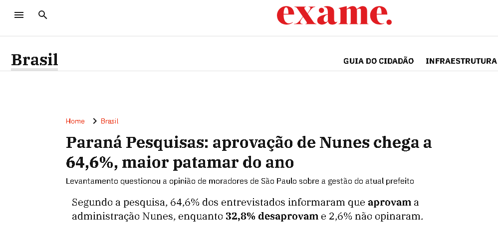 Exame cita pesquisa realizada pela Paraná Pesquisas no no Município de São Paulo. 2 Exame cita pesquisa realizada pela Paraná Pesquisas no no Município de São Paulo.