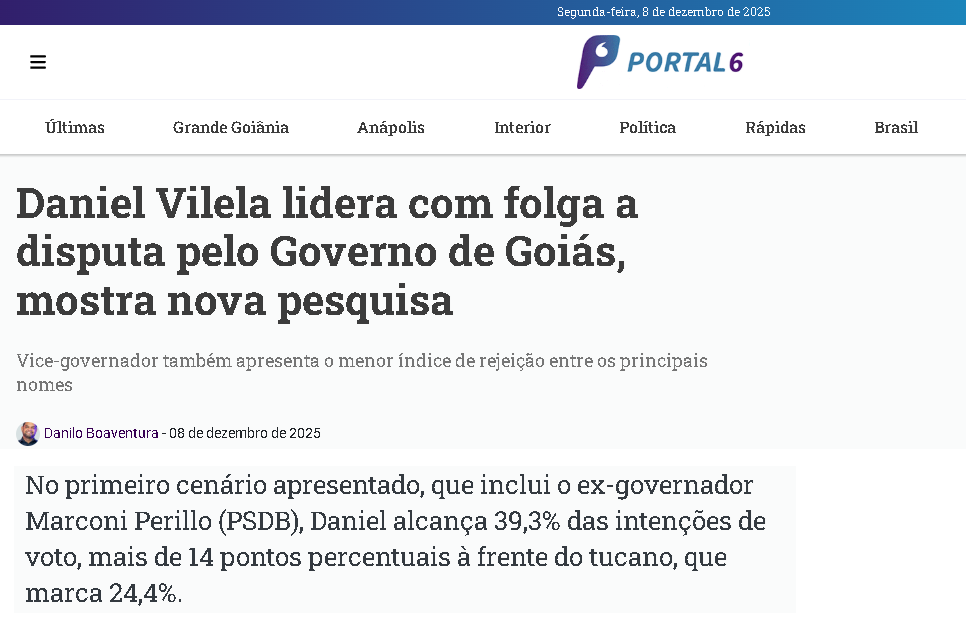 Portal 6 cita pesquisa realizada pela Paraná Pesquisas no Estado de Goiás. 2 Portal 6 cita pesquisa realizada pela Paraná Pesquisas no Estado de Goiás.