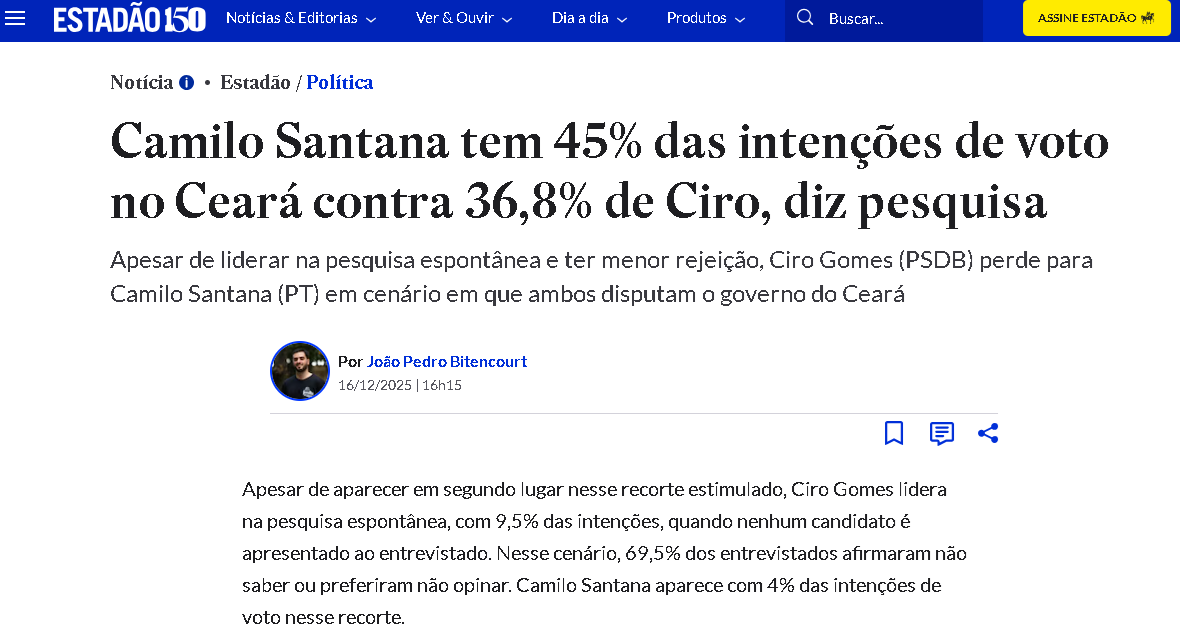 Estadão cita pesquisa realizada pela Paraná Pesquisas no Estado do Ceará.