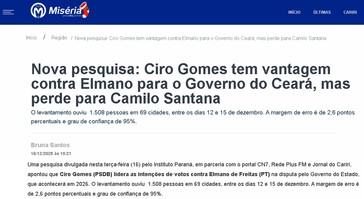 Portal Miséria cita pesquisa realizada pela Paraná Pesquisas no Estado do Ceará. 2 Portal Miséria cita pesquisa realizada pela Paraná Pesquisas no Estado do Ceará.