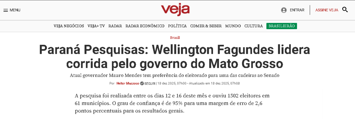 Veja cita pesquisa realizada pela Paraná Pesquisas no Estado de Mato Grosso.