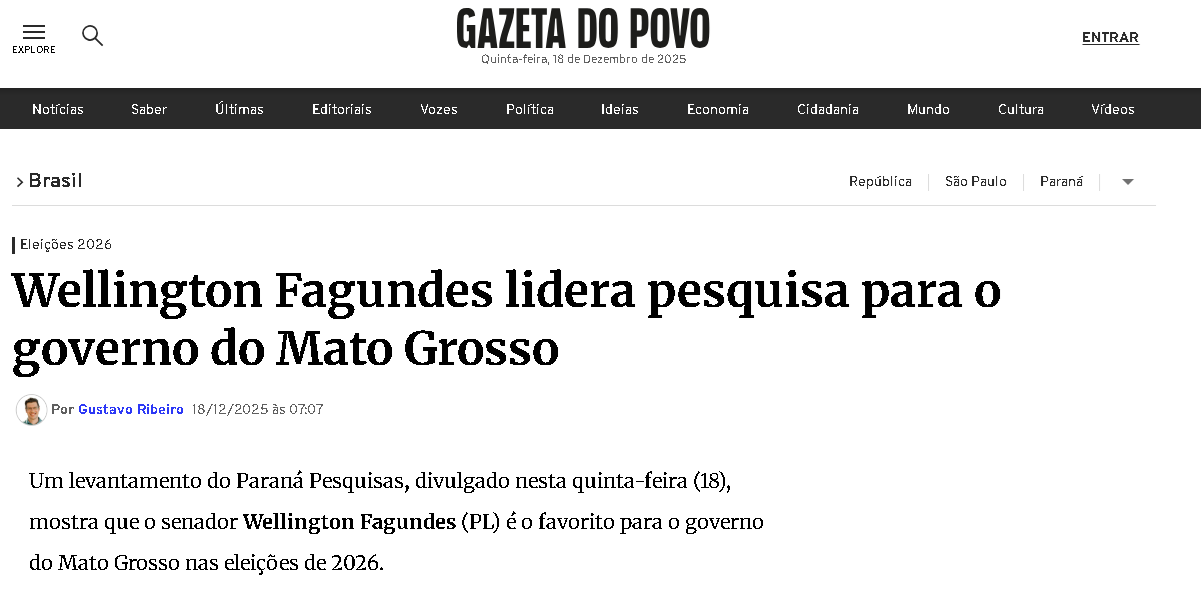 Gazeta do Povo cita pesquisa realizada pela Paraná Pesquisas no Estado de Mato Grosso. 2 Gazeta do Povo cita pesquisa realizada pela Paraná Pesquisas no Estado de Mato Grosso.