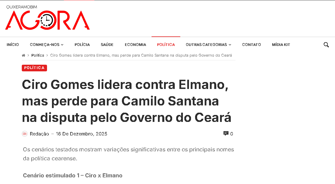 Quixeramobim Agora cita pesquisa realizada pela Paraná Pesquisas no Estado do Ceará.