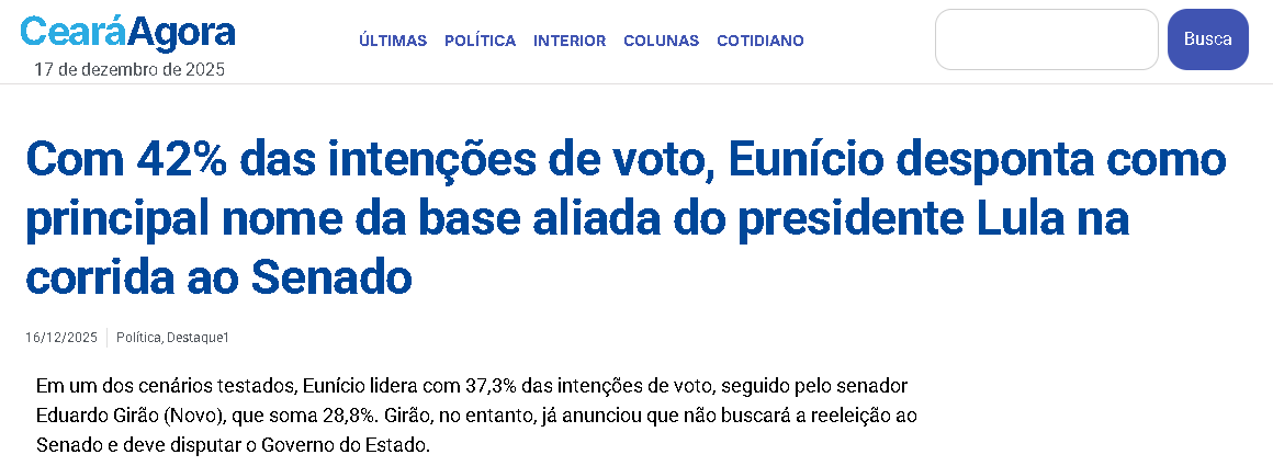 Ceará Agora cita pesquisa realizada pela Paraná Pesquisas no Estado do Ceará.