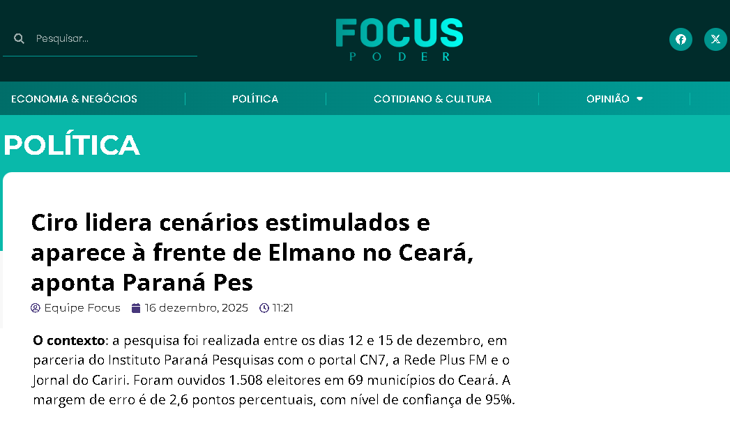 Focus Poder cita pesquisa realizada pela Paraná Pesquisas no Estado do Ceará.