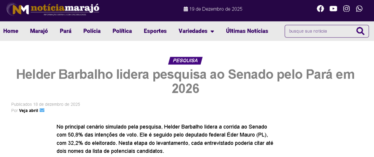Notícias Marajó cita pesquisa realizada pela Paraná Pesquisas no Estado do Pará.